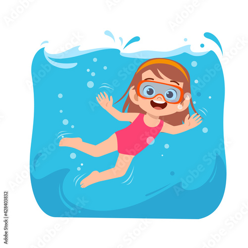 Photo cute little kid girl swim under water on summer holiday