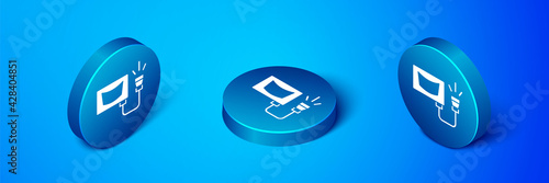 Isometric Ultrasound icon isolated on blue background. Medical equipment. Blue circle button. Vector