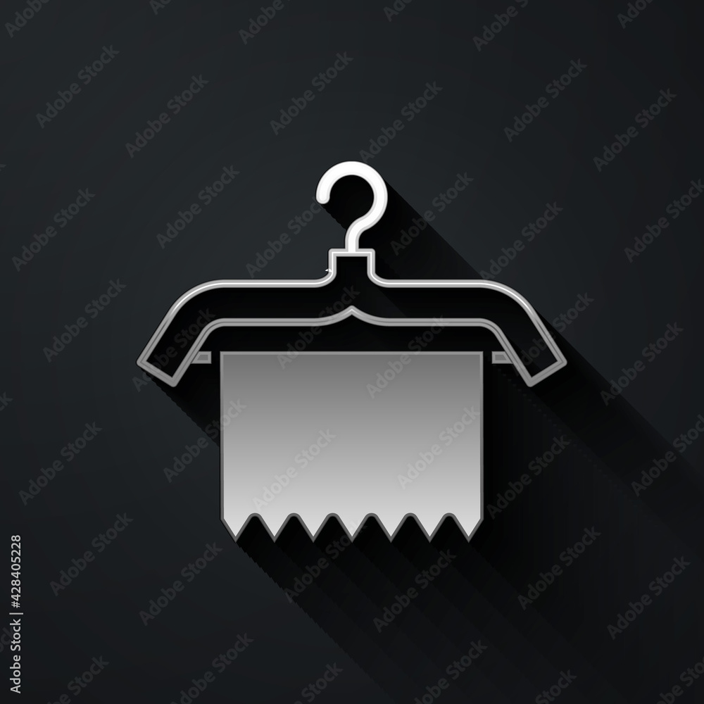 Silver Hanger wardrobe icon isolated on black background. Clean towel sign. Cloakroom icon. Clothes service symbol. Laundry hanger. Long shadow style. Vector