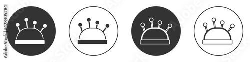 Black Needle bed and needles icon isolated on white background. Handmade and sewing theme. Circle button. Vector