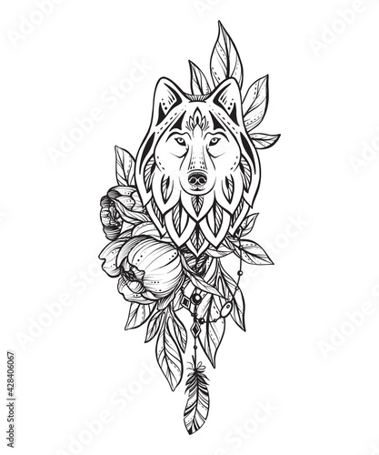 Vector illustration of black and white wolf, peony flower, feather isolated on white background