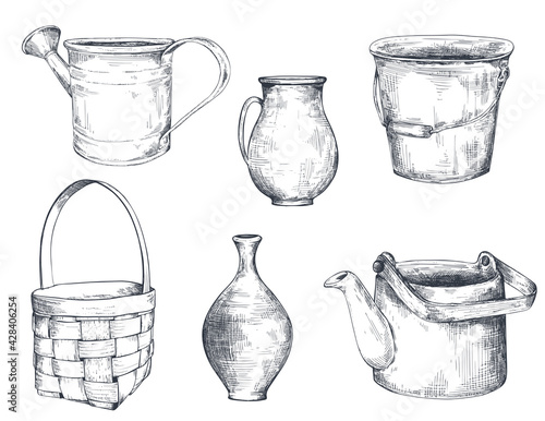 Set of black and white hand drawn vector vases, basket. kettle, watering can, pitcher