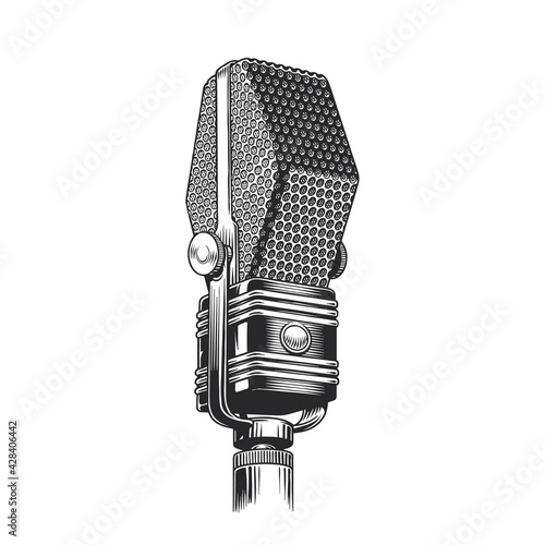 Vintage microphone isolated on white background. High-detailed black and white vector illustration.