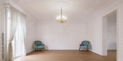 Photography rendu 3d d'un intérieure de type haussmannien avec fauteuil