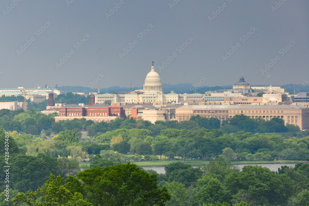 Washington D.C. skyline with the major monument buildings including US Capitol  - Washington DC, United States
