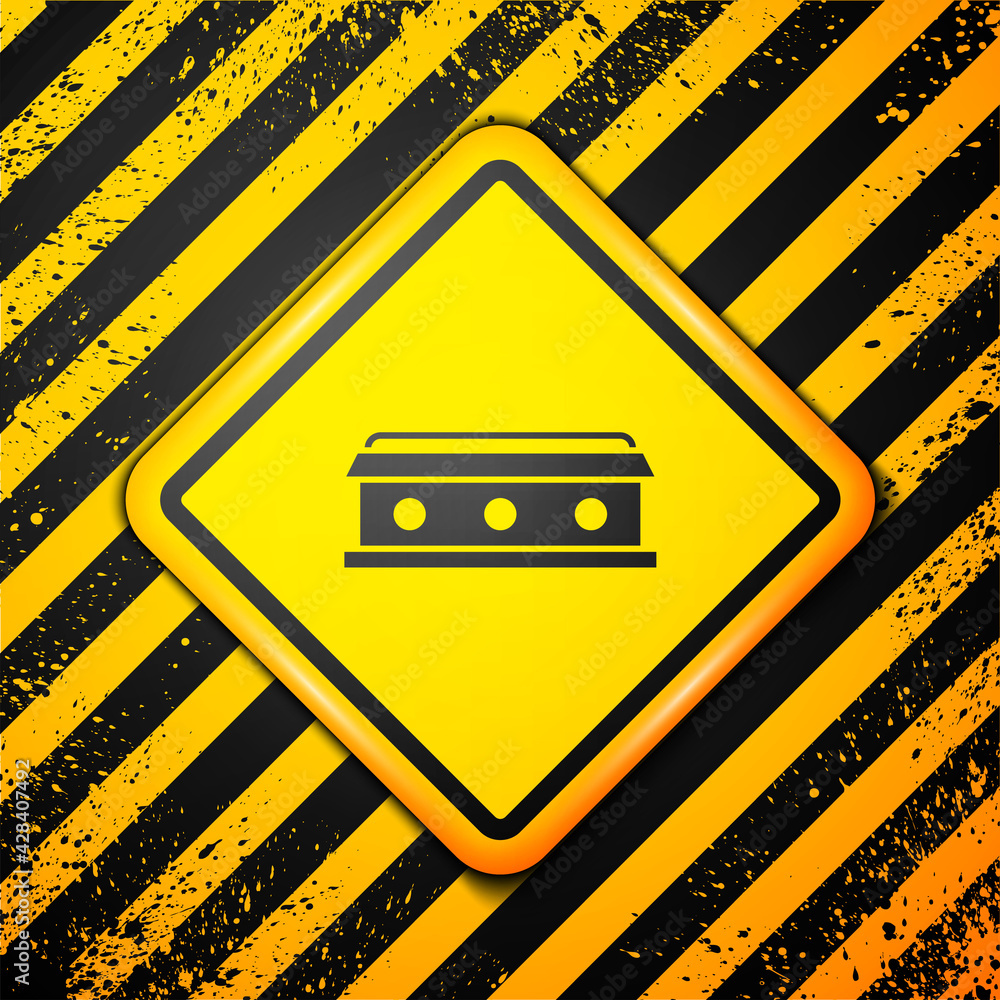 Black Coffin with christian cross icon isolated on yellow background. Happy Halloween party. Warning sign. Vector Black Coffin with christian cross icon isolated on yellow background. Happy Halloween party. Warning sign. Vector