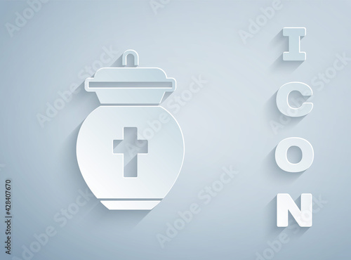 Paper cut Funeral urn icon isolated on grey background. Cremation and burial containers, columbarium vases, jars and pots with ashes. Paper art style. Vector