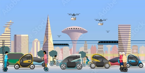 Modern city view. Renewable electrified city transports. Vehicles, autonomous public transport. Drones for light deliveries. Vector Illustration. 