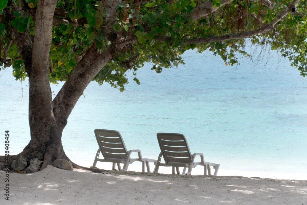 Beach Chairs on Sand Beach in Phuket Island.