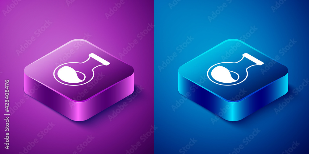 Isometric Test tube and flask chemical laboratory test icon isolated on blue and purple background. Laboratory glassware sign. Square button. Vector Isometric Test tube and flask chemical laboratory test icon isolated on blue and purple background. Laboratory glassware sign. Square button. Vector