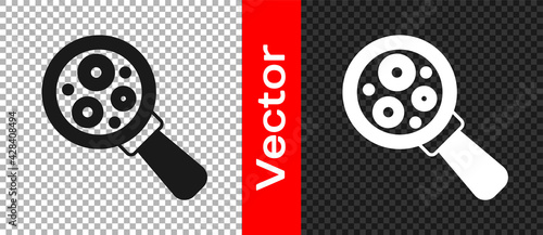 Black Microorganisms under magnifier icon isolated on transparent background. Bacteria and germs, cell cancer, microbe, virus, fungi. Vector