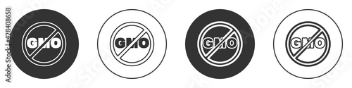 Black No GMO icon isolated on white background. Genetically modified organism acronym. Dna food modification. Circle button. Vector