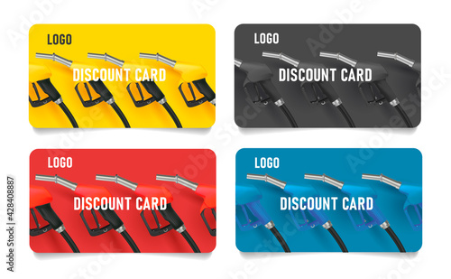 Set of card with fuelling nozzel, template layout in modern minimalistic clean composition with 3d realistic illustration
