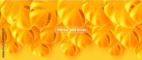 Yellow bright background with monocolor yellow tropical large 3d leaves on the top of composition