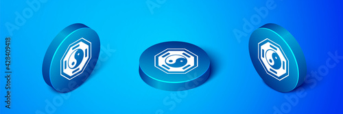 Isometric Yin Yang symbol of harmony and balance icon isolated on blue background. Blue circle button. Vector