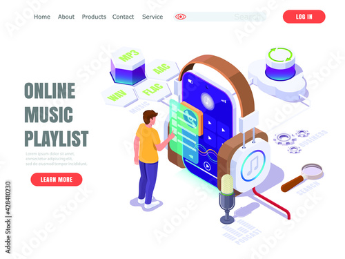 Young guy selects online playlist of music, podcast, audio business lessons. Streaming service concept for landing page