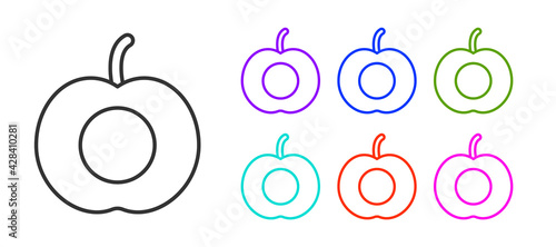 Black line Peach fruit or nectarine with leaf icon isolated on white background. Set icons colorful. Vector