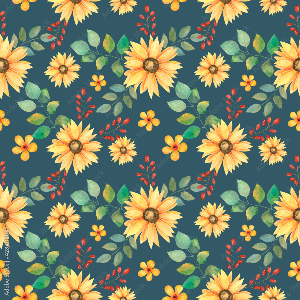 Seamless floral pattern with sunflower flowers,barberry berries,small honey flowers and twigs with green leaves of different sizes.Great for fabric,scrapbook paper and scrapbooking,postcards and decor