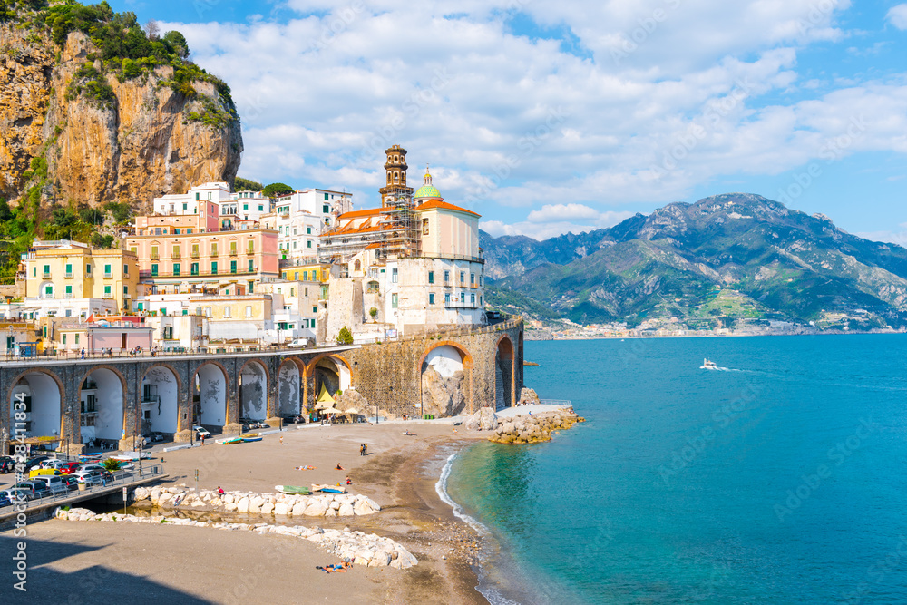 Panoramic view of Atrani - Italian seaside town on coastline of Tyrrhenian Sea