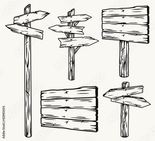 Wooden signboards and arrow signposts set