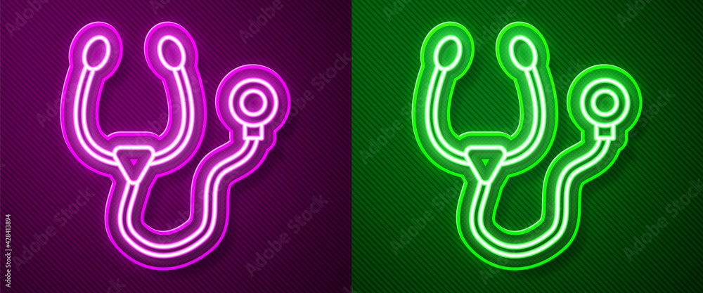 Glowing neon line Stethoscope medical instrument icon isolated on purple and green background. Vector Glowing neon line Stethoscope medical instrument icon isolated on purple and green background. Vector