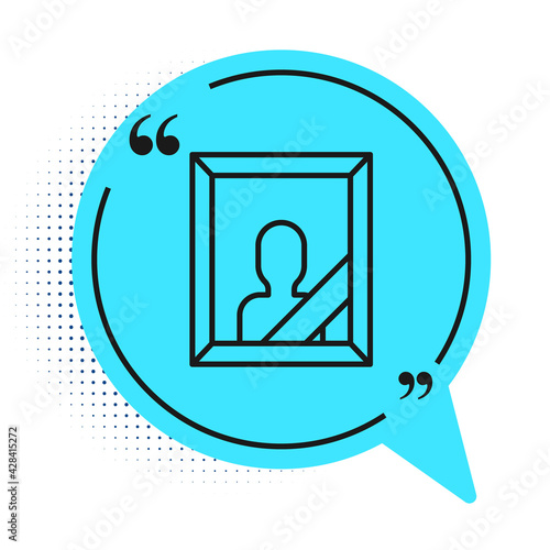Black line Mourning photo frame with black ribbon icon isolated on white background. Funeral ceremony and condolence card layout. Blue speech bubble symbol. Vector