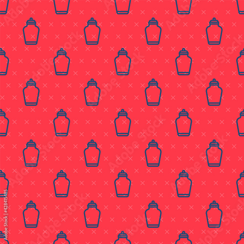 Blue line Funeral urn icon isolated seamless pattern on red background. Cremation and burial containers, columbarium vases, jars and pots with ashes. Vector