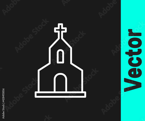 White line Church building icon isolated on black background. Christian Church. Religion of church. Vector