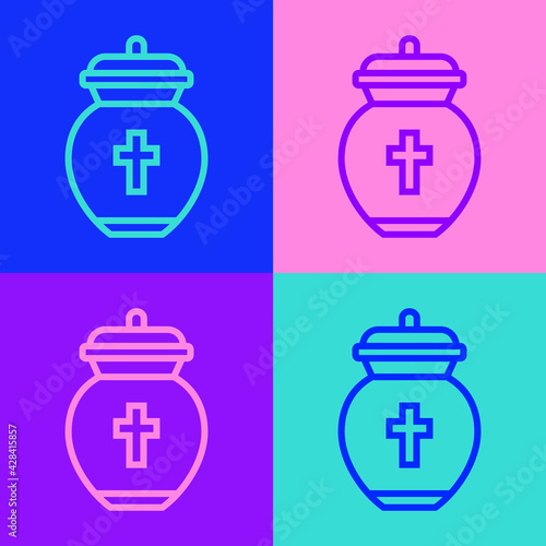 Pop art line Funeral urn icon isolated on color background. Cremation and burial containers, columbarium vases, jars and pots with ashes. Vector