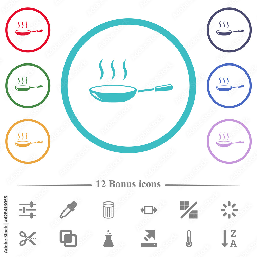 Glossy steaming frying pan flat color icons in circle shape outlines Glossy steaming frying pan flat color icons in circle shape outlines