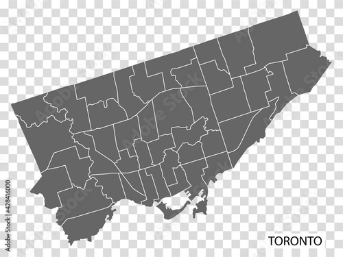High Quality map of Toronto is a city in Canada, with borders of the regions. Map of Toronto for your web site design, app, UI. EPS10.