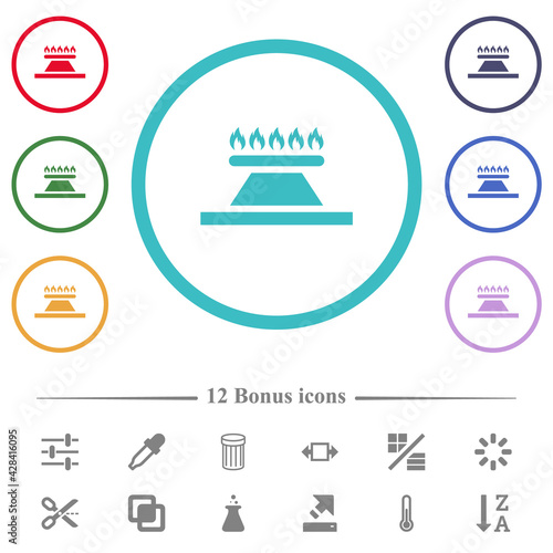Kitchen gas stove flat color icons in circle shape outlines