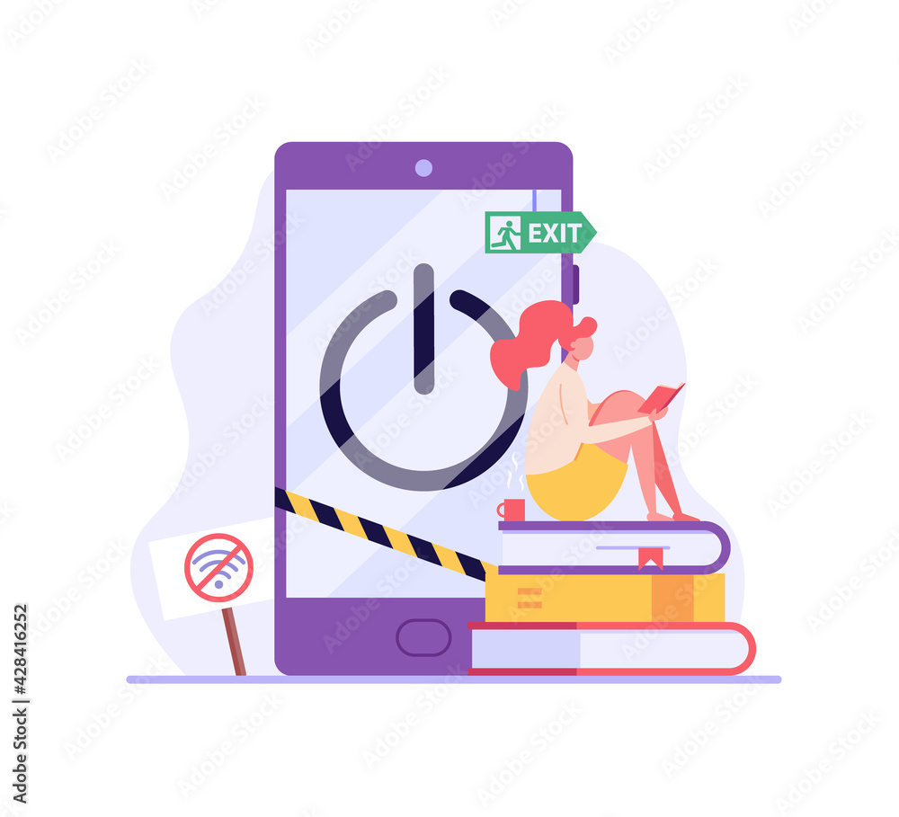 Woman reading a book without gadgets. Concept of digital detox, disconnecting, abandoning internet, device free zone, internet addiction, no mobile. Vector illustration in flat design. Woman reading a book without gadgets. Concept of digital detox, disconnecting, abandoning internet, device free zone, internet addiction, no mobile. Vector illustration in flat design.