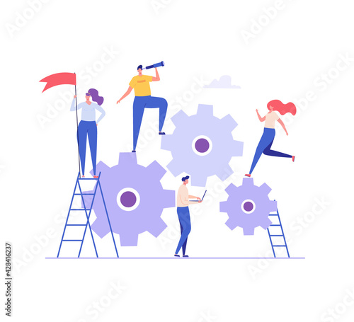 Best team of people illustration. Characters with reward cup, flag and telescope. Successful teamwork, career success, teambuilding. Vector illustration in flat design for web banners.