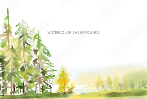 watercolor background, wide green forest