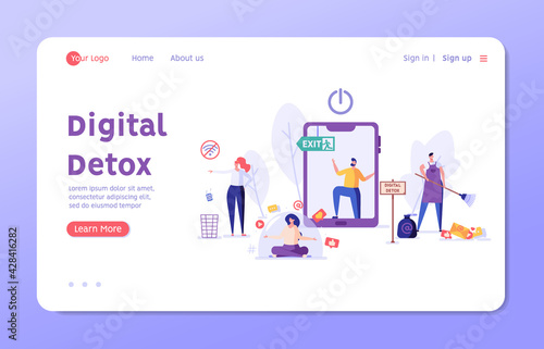 People meditate, clean, step out, relax, read books. Concept of digital detox, disconnecting, abandoning internet, device free zone, internet addiction, no mobile. Vector illustration in flat design.