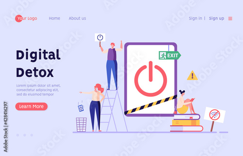 People meditate, clean, step out, relax, read books. Concept of digital detox, disconnecting, abandoning internet, device free zone, internet addiction, no mobile. Vector illustration in flat design.