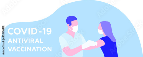 Covid vaccination concept. The doctor vaccinates the patient against coronavirus. Suitable for articles, web, posters, banners. Vector flat illustration.