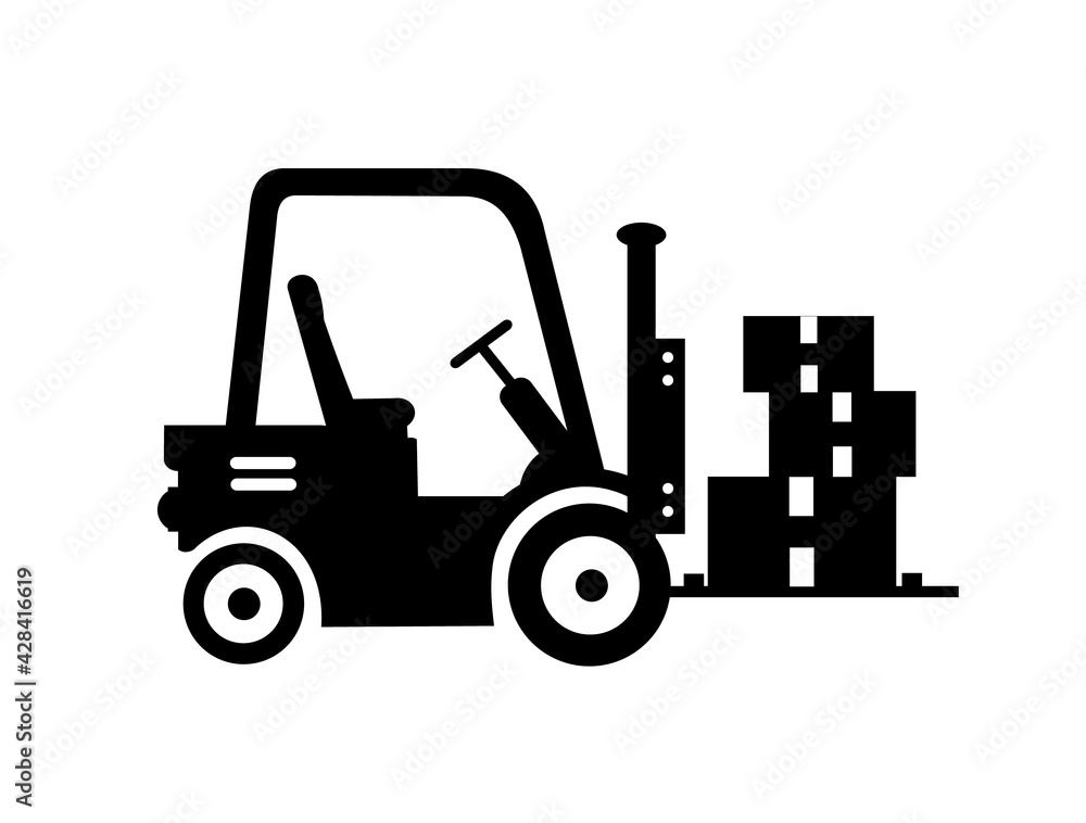 Forklift icon. Forklift, pallet with folded boxes, cargo. Cargo delivery, delivery, transportation. Vector illustration isolated on white background.