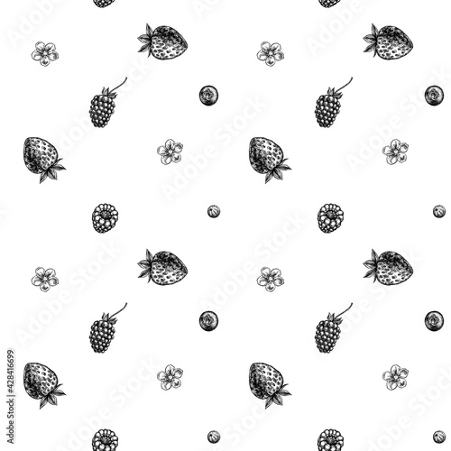Seamless pattern with black and white strawberry, blueberry, red currant, raspberry, blackberry