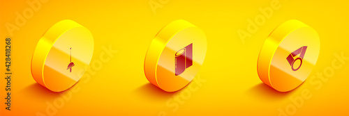 Set Isometric Fencing, Fitness mat roll and Medal icon. Vector