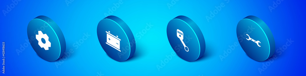 Set Isometric Gear, Engine piston, Wrench spanner and Car battery icon. Vector Set Isometric Gear, Engine piston, Wrench spanner and Car battery icon. Vector