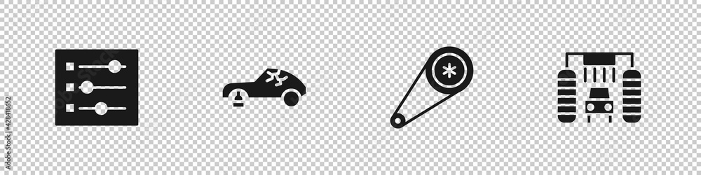 Set Car settings, Broken car, Timing belt kit and wash icon. Vector Set Car settings, Broken car, Timing belt kit and wash icon. Vector