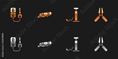 Set Car key with remote, headlight, air pump and battery jumper power cable icon. Vector