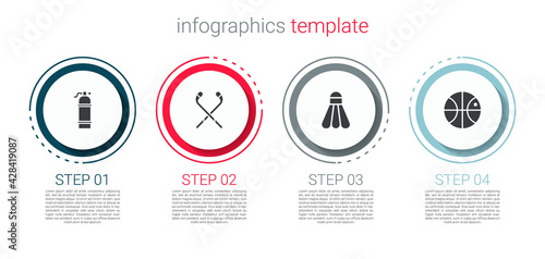 Set Aqualung, Ice hockey sticks, Badminton shuttlecock and Basketball ball. Business infographic template. Vector