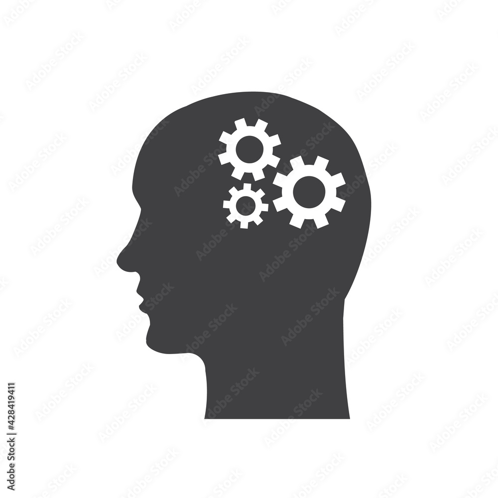 Silhouette of a head with gears isolated on white backgorund. Technology human head idea concept. Vector stock Silhouette of a head with gears isolated on white backgorund. Technology human head idea concept. Vector stock
