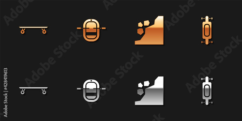 Set Longboard or skateboard, Rafting boat, Landslide and icon. Vector