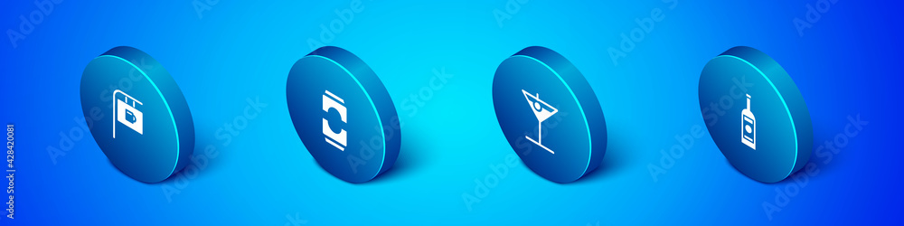Set Isometric Street signboard with Bar, Martini glass, Glass bottle of vodka and Beer can icon. Vector Set Isometric Street signboard with Bar, Martini glass, Glass bottle of vodka and Beer can icon. Vector