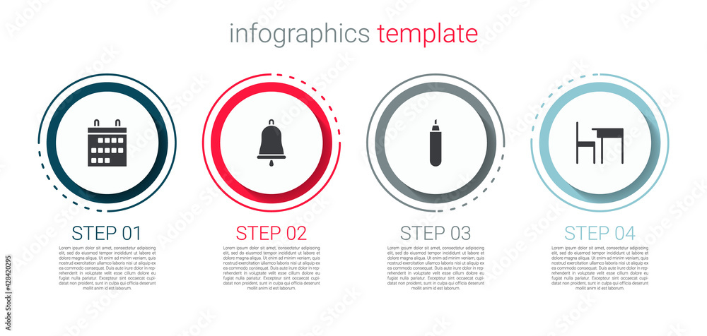 Set Calendar, Ringing bell, Marker pen and School table and chair. Business infographic template. Vector Set Calendar, Ringing bell, Marker pen and School table and chair. Business infographic template. Vector