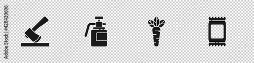 Set Wooden axe, Garden sprayer for fertilizer, Carrot and Fertilizer bag icon. Vector